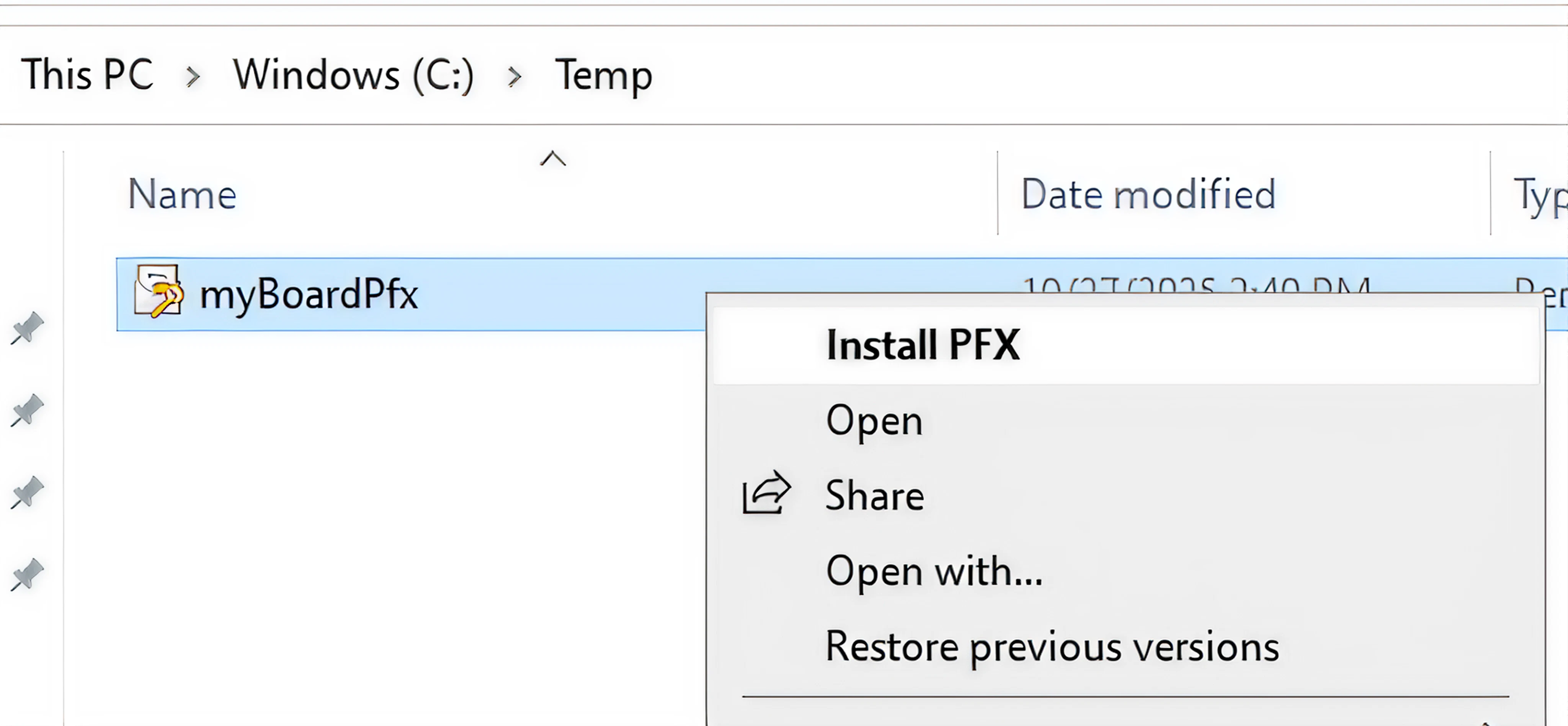 Context menu showing options for the file 'myBoardPfx' in Windows Explorer.